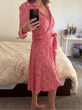 Diane Von Furstenberg Vintage 70s Red Print Classic Wrap Midi Dress Size 8